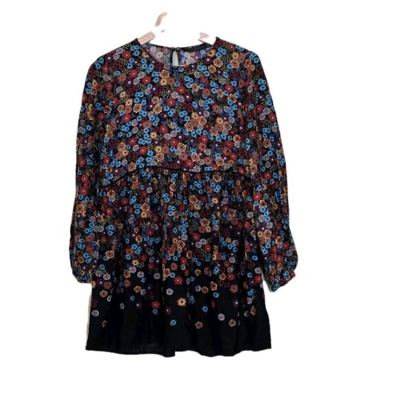 Zara Trafaluc Tunic Women M Black Floral LS Whimsigoth Boho Empire Waist Flowy - Picture 1 of 15